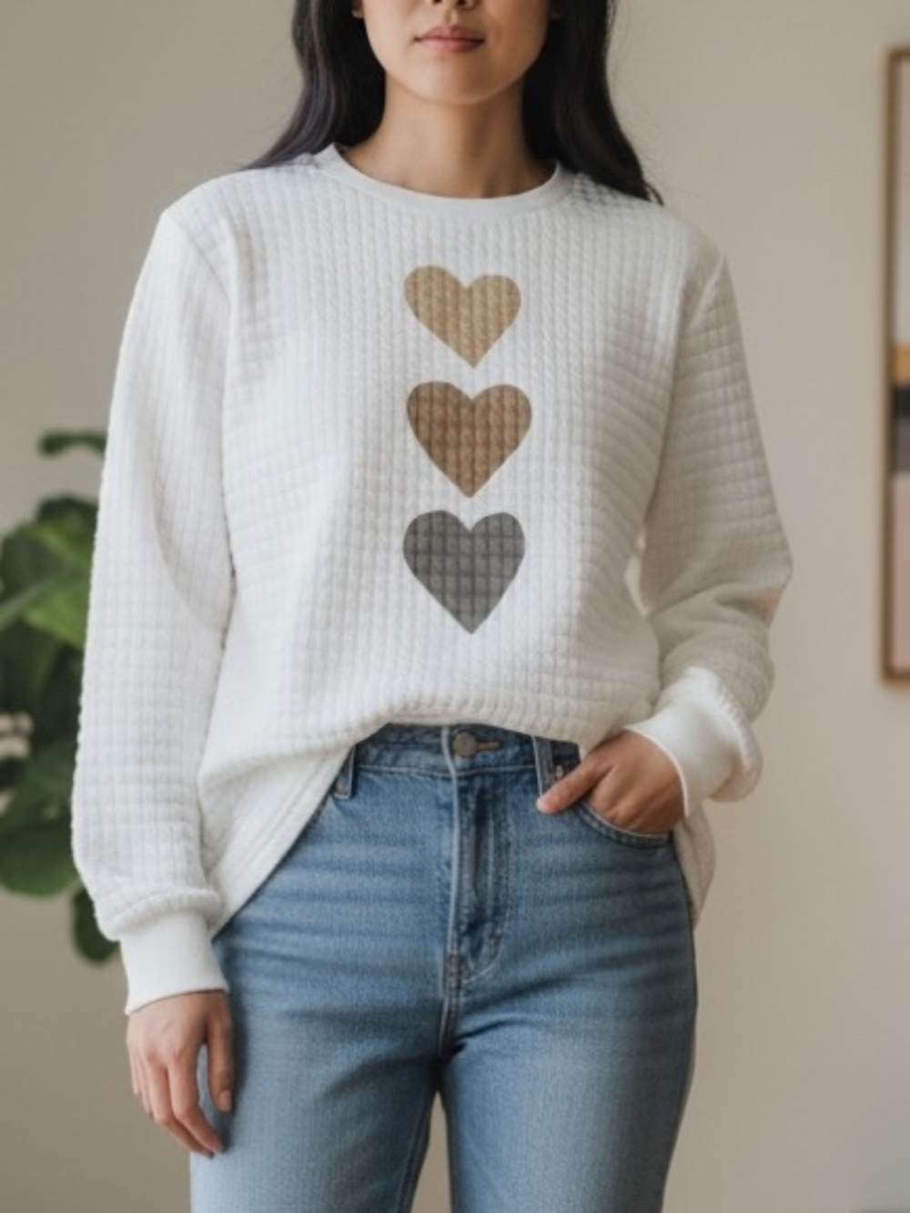 Women’s Cream Waffle-Knit High-Rise Sweater with Heart Motif